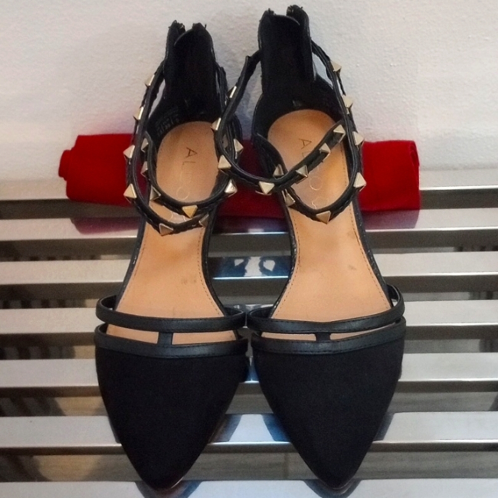 Aldo flats like new size us 7.5 black suede and leather with brass studs straps